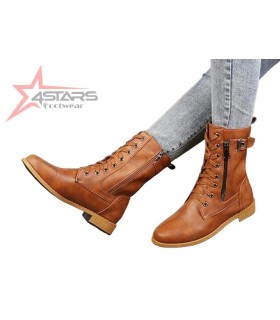 Mid-Calf Lace Up Ladies Winter Boots - Brown