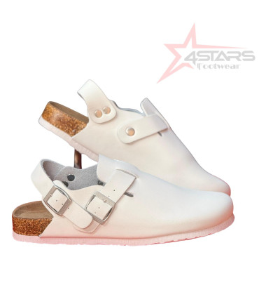 Leather Clogs With Strap - White