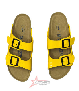 Women's Slip On Patent Leather Cork Sandals - Yellow